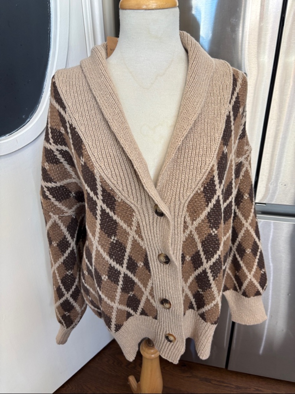 Blu Pepper Brown and Beige Argyle Shawl-Collar Button Cardigan